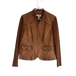 Live A Little Brown Suede Knit Sweater Zip up Jacket Sz M